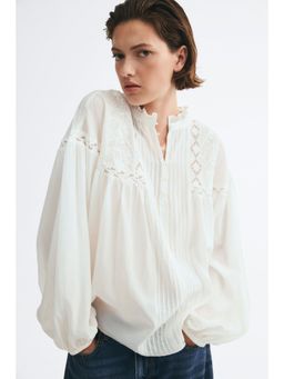H&M - Women White Lace-Inset Balloon-Sleeved Blouse