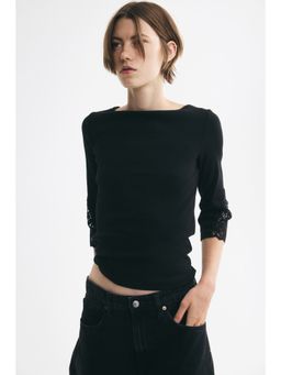 H&M - Women Black Lace-Inset Boat-Neck Top