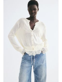 H&M - Women White Lace-Trimmed Tie-Detail Cardigan