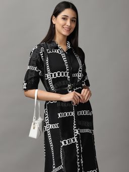 SHOWOFF - Womens Shirt Collar Midi Black Printed Dress
