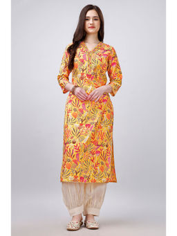 MOJILAA - Yellow Viscose Gota Patti Floral Print Kurta with Afghani Salwar (Set of 2)
