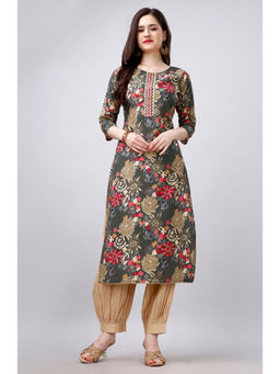 MOJILAA - Grey Viscose Mirror Work Embroidered Floral Print Kurta with Afghani Salwar (Set of 2)