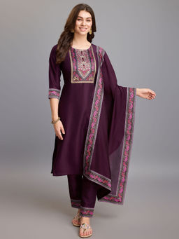 MOJILAA - Purple Chinon Silk Gota Patti Floral Print Kurta with Pant and Dupatta (Set of 3)