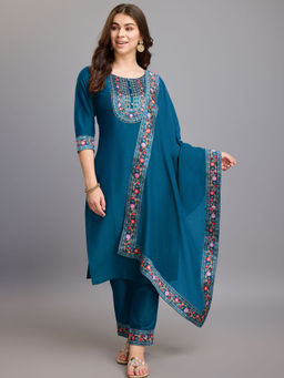 MOJILAA - Teal Chinon Silk Gota Patti Floral Print Kurta with Pant and Dupatta (Set of 3)