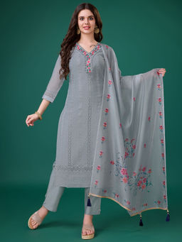 MOJILAA - Grey Chanderi Silk Embroidered Chikankari Kurta with Pant and Dupatta (Set of 3)