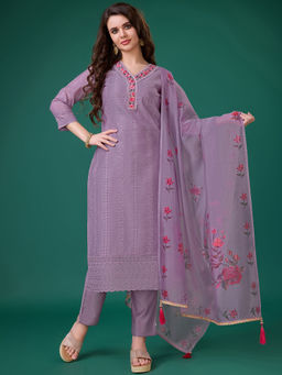 MOJILAA - Lavender Chanderi Silk Embroidered Chikankari Kurta with Pant and Dupatta (Set of 3)