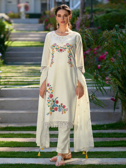 MOJILAA - Cream Chanderi Silk Embroidered Kurta with Pant and Dupatta (Set of 3)