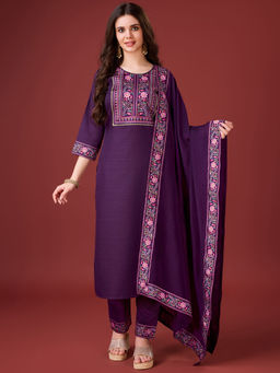 MOJILAA - Purple Linen Floral Print Kurta with Pant and Dupatta (Set of 3)