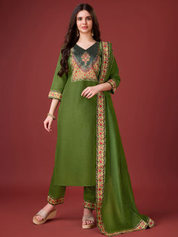 MOJILAA - Green Linen Floral Print Kurta with Pant and Dupatta (Set of 3)