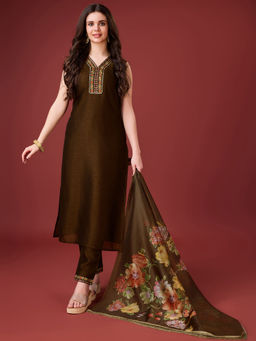 MOJILAA - Coffee Brown Vichitra Silk Embroidered Kurta with Pant and Dupatta (Set of 3)