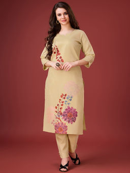 MOJILAA - Beige Linen Botanical Print Kurta with Pant (Set of 2)