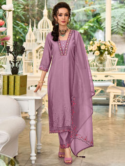 MOJILAA - Lavender Viscose Silk Embroidered Kurta with Pant and Dupatta (Set of 3)