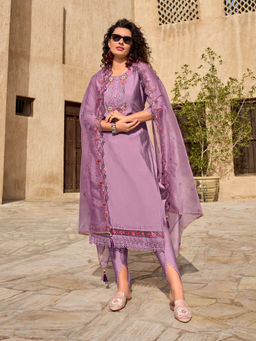 MOJILAA - Lavender Viscose Silk Embroidered Kurta with Dhoti and Dupatta (Set of 3)