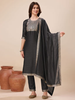 MOJILAA - Grey Vichitra Silk Jacquard Kurta with Pant and Dupatta (Set of 3)