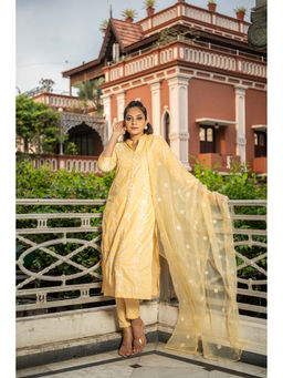 WEAVLLITE - Yellow Viscose Blend Embroidered Kurta (Set of 3)