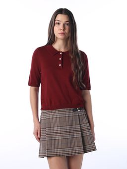 ONLY - Womens Solid Regular Fit Maroon Polo T-Shirt