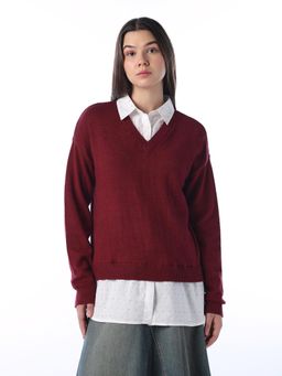 ONLY - Womens Embellished Regular Fit Maroon Mock Shirt Sweater