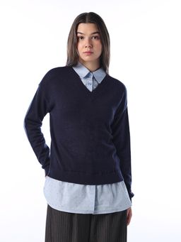 ONLY - Womens Embellished Regular Fit Navy Blue Mock Shirt Sweater