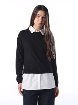 ONLY - Womens Solid Regular Fit Black Mock Shirt Sweater