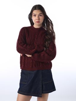 ONLY - Womens Self Design Regular Fit Maroon Sweater