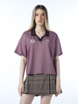 ONLY - Womens Typography Loose Fit Maroon Polo T-Shirt