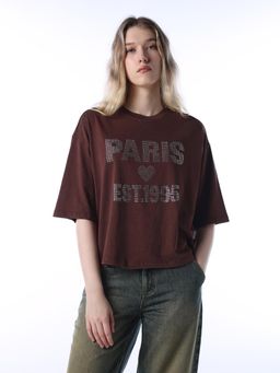 ONLY - Womens Typography Loose Fit Brown T-Shirt