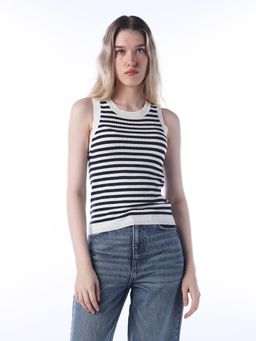 ONLY - Womens Horizontal Stripes Regular Fit White Tank Top