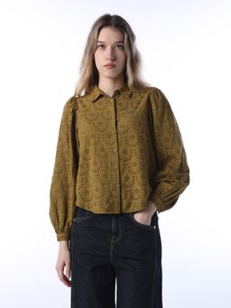 ONLY - Womens Self Design Regular Fit Olive Shirt