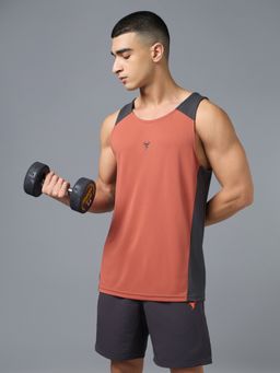 Technosport - Men Rust Colorblock Technocool Slim Fit Round Neck Sports Gym Vest