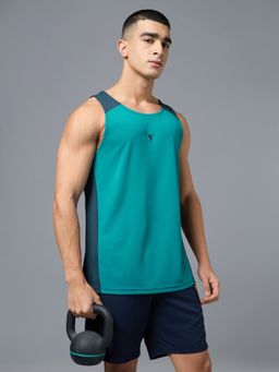Technosport - Men Turquoise Colorblock Technocool Slim Fit Round Neck Sports Gym Vest