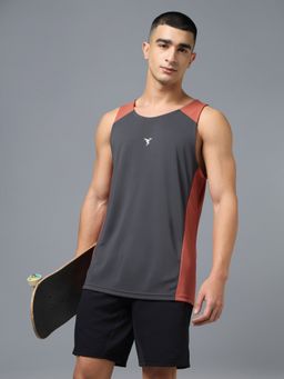 Technosport - Men Grey Colorblock Technocool Slim Fit Round Neck Sports Gym Vest
