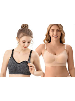 BRACHY - Women Black & Beige Maternity Nursing Breastfeeding Bras (Pack of 2)