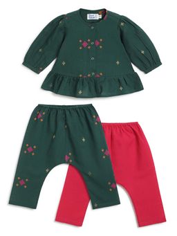 TIBER TABER - Girls Green Cotton Printed Top with Pants