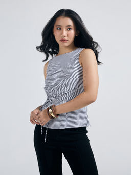 Twenty Dresses by Nykaa Fashion - White Striped Sleeveless Ruched Top