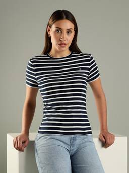 Tommy Hilfiger - Striped Slim-Fit Cotton T-Shirt - Navy Blue