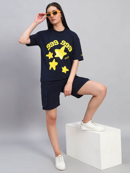 Griffel - Women Graphic Print Navy Blue T-Shirt and Shorts