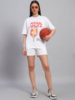 Griffel - Women Graphic Print White T-Shirt and Shorts