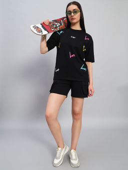 Griffel - Women Graphic Print Black T-Shirt and Shorts