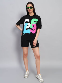 Griffel - Women Graphic Print Black T-Shirt and Shorts