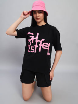 Griffel - Women Graphic Print Black T-Shirt and Shorts