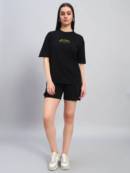 Griffel - Women Graphic Print Black T-Shirt and Shorts