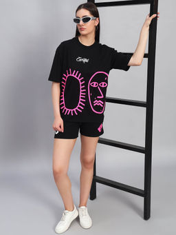 Griffel - Women Graphic Print Black T-Shirt and Shorts