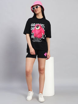 Griffel - Women Graphic Print Black T-Shirt and Shorts
