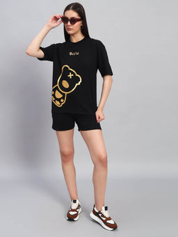 Griffel - Women Graphic Print Black T-Shirt and Shorts