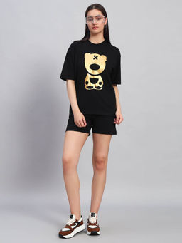 Griffel - Women Graphic Print Black T-Shirt and Shorts