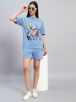 Griffel - Women Graphic Print Blue T-Shirt and Shorts
