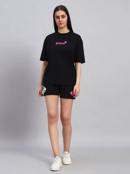 Griffel - Women Graphic Print Black T-Shirt and Shorts