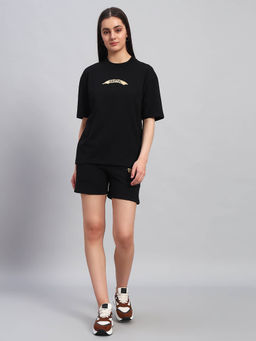 Griffel - Women Graphic Print Black T-Shirt and Shorts