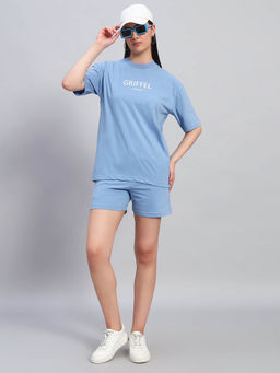 Griffel - Women Graphic Print Blue T-Shirt and Shorts