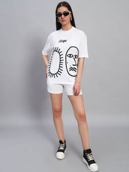 Griffel - Women Graphic Print White T-Shirt and Shorts